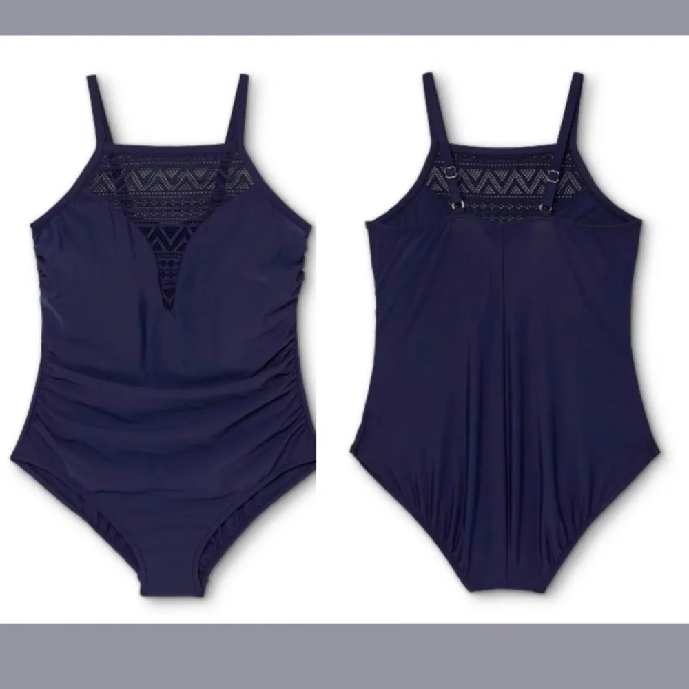 NWT Aqua Green [‎ Plus 20W ] Crochet High Neck One Piece Swimsuit Navy